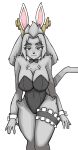  accessory alpha_channel anthro antlers big_breasts black_clothing black_leotard blue_eyes blush bovid bow_tie breasts bunny_costume caprine chest_tuft cleavage clothed clothing costume eyebrow_through_hair eyebrows eyelashes fake_ears fake_rabbit_ears female floppy_ears fur garter goat grey_body grey_fur hair hi_res horn hybrid jackalope lagomorph leotard leporid looking_at_viewer lop_ears mammal navel_outline pseudoregalia rabbit simple_background smile solo sybil_(pseudoregalia) thick_eyebrows translucent translucent_hair transparent_background tuft yooksaf 