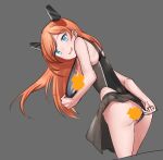  1girl ass black_one-piece_swimsuit black_skirt blue_eyes censored censored_nipples clothes_pull cowboy_shot grey_background headgear highres kantai_collection leaning_forward long_hair looking_at_viewer meru-chan novelty_censor one-piece_swimsuit one-piece_swimsuit_pull orange_hair salmon_(kancolle) skirt solo standing swimsuit two-tone_swimsuit 