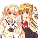  2girls air_(visual_novel) ascot black_ascot black_dress blonde_hair blue_eyes blush chinese_commentary color_connection commentary_request company_connection crossover double_v dress eyes_visible_through_hair green_eyes hair_between_eyes hair_color_connection hair_intakes hair_ornament hair_ribbon hand_up hands_up kamio_misuzu key_(company) lliissaawwuu2 long_hair looking_at_viewer multiple_girls open_mouth ponytail puffy_short_sleeves puffy_sleeves red_ascot ribbon sailor_collar school_uniform shirt short_sleeves sidelocks simple_background smile straight-on summer_pockets sweater_vest tsumugi_wenders twintails upper_body v very_long_hair white_background white_ribbon white_sailor_collar white_shirt x_hair_ornament yellow_sweater_vest 