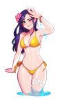  1girl alternate_costume arm_up artist_name bare_shoulders bikini blush blushyspicy bracelet breasts caitlyn_(league_of_legends) cleavage flower groin hair_flower hair_ornament jewelry league_of_legends navel one_eye_closed outline pink_flower smile solo stomach swimsuit transparent_background wading water white_outline yellow_bikini 