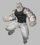  1boy animal_ears arknights bara bare_arms belt black_belt black_tank_top blue_eyes clenched_hands clenched_teeth covered_abs eyebrow_cut facial_hair furry furry_male goatee highres large_hands large_pectorals looking_up male_focus mature_male mountain_(arknights) muscular muscular_male neck_fur neumo pants pectorals scar scar_across_eye scar_on_arm shirt short_hair sidepec solo tail tank_top teeth thick_eyebrows thighs tiger_boy tiger_ears tiger_tail tight_clothes tight_shirt white_hair white_pants 