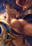  1girl absurdres armlet ass ass_focus bikini blue_eyes blue_hair breasts cameltoe candace_(genshin_impact) dark-skinned_male dark_skin eye_of_horus genshin_impact gold gold_trim gradient_sky heterochromia highres holding holding_polearm holding_shield holding_weapon long_hair looking_back medium_breasts parted_lips polearm queasy_s shield sky solo swimsuit very_long_hair weapon white_bikini yellow_eyes 