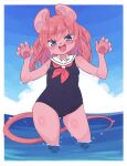  1girl animal_ears animal_nose arms_up ass_visible_through_thighs beach blue_eyes blue_one-piece_swimsuit blush breasts claw_pose cloud covered_navel furry furry_female highres looking_at_viewer mouse_ears mouse_girl mouse_girl_(yuuki_(yuyuki000)) mouse_tail ocean one-piece_swimsuit open_mouth original outdoors pink_hair sailor_collar short_hair sky small_breasts smile solo swimsuit tail thighs wading water yuuki_(yuyuki000) 