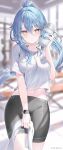  1girl ahoge bike_shorts black_shorts blue_hair blurry blurry_background blush bottle breasts closed_mouth copyright_name cowboy_shot cup gym hair_between_eyes heart heart_ahoge high_ponytail highres holding holding_cup holding_towel hololive indoors large_breasts long_hair looking_at_viewer midriff multicolored_hair navel official_art pointy_ears ponytail rin_yuu shirt short_sleeves shorts sidelocks smile solo standing streaked_hair sweat t-shirt thighs towel very_long_hair virtual_youtuber watch white_shirt wristwatch yellow_eyes yukihana_lamy 