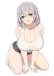  1girl arm_support bangs bare_shoulders black_shorts blush breasts cleavage collarbone green_eyes grey_hair hair_between_eyes highres hololive large_breasts looking_at_viewer medium_hair open_mouth seiza shina_yuta shirogane_noel shirt shorts sitting sleeveless sleeveless_shirt smile solo virtual_youtuber wavy_hair white_background white_shirt 