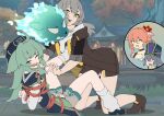  1boy 3girls ahoge chen_zi cirrus_(honkai:_star_rail) green_hair grey_hair guinaifen_(honkai:_star_rail) hair_ornament highres honkai:_star_rail honkai_(series) huohuo_(honkai:_star_rail) jacket long_hair multiple_girls ponytail red_eyes rope saliva shibari short_hair shorts socks spread_legs stelle_(honkai:_star_rail) surprised tail_(honkai:_star_rail) thighhighs trailblazer_(honkai:_star_rail) yuri 