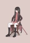  absurdres black_coat black_hair blunt_bangs boots cleavage_cutout closed_mouth clothing_cutout coat commentary hair_ornament hand_on_own_thigh highres holding holding_weapon izumi-no-kami_kanesada_(tenka_hyakken) katana knee_boots long_hair long_sleeves on_chair red_sweater sheath sheathed simple_background sitting sweater sword tenka_hyakken thighhighs tiger2henschel weapon white_thighhighs wooden_chair yellow_eyes 