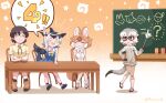  1boy 3girls animal_ears anniversary bare_shoulders black_hair blonde_hair blowhole blue_hair blush board_eraser bow brown_hair captain_(kemono_friends) cetacean_tail chalkboard classroom common_dolphin_(kemono_friends) desk dhole_(kemono_friends) dog_ears dog_girl dog_tail dolphin_girl dorsal_fin dress extra_ears fins fish_tail glasses gloves grey_hair hand_up highres japari_symbol kemono_friends kemono_friends_3 long_hair long_sleeves math meerkat_(kemono_friends) meerkat_ears meerkat_tail metamimi multicolored_hair multiple_girls open_mouth pointer sailor_collar shirt short_hair short_sleeves skirt sleeveless smile sweater tail teacher two-tone_hair two-tone_sweater white_hair 