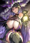  1girl absurdres animal_ears bare_shoulders black_gloves black_thighhighs blush breasts bunnystein_fantasy closed_mouth elbow_gloves fake_animal_ears full_moon glasses gloves hair_between_eyes highres holding holding_lantern huge_breasts lantern large_hat looking_at_viewer mole mole_on_breast mole_under_mouth moon original outdoors purple_eyes purple_headwear rabbit_ears red-framed_eyewear see-through semi-rimless_eyewear senri_gan smile solo sweat thick_thighs thighhighs thighs 