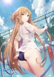  1girl :o ass asuna_(sao) braid breasts brown_eyes brown_hair day from_behind from_below gabiran highres large_breasts long_hair looking_at_viewer open_mouth outdoors shiny_skin shirt short_sleeves sky solo swimsuit sword_art_online water wet wet_clothes wet_shirt white_shirt 