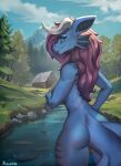  2023 acupa anthro blue_body breasts butt dragon female fish hair hi_res horn long_hair looking_at_viewer looking_back marine nude purple_hair reptile robin_(disambiguation) scalie shark sky smile solo standing tail water 