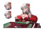  1girl :o bare_shoulders black_sleeves breasts china_dress chinese_clothes cleavage cleavage_cutout closed_eyes clothing_cutout detached_sleeves dress expressions feather_boa flower gloves grey_hair gui_mi hair_flower hair_ornament highres holding_mahjong_tile large_breasts lian_(vtuber) long_hair looking_down mahjong mahjong_table official_art purple_eyes red_dress red_flower sidelocks sixiwanzi sleeveless sleeveless_dress smile solo table tassel upper_body virtual_youtuber white_background white_gloves 