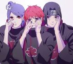  1girl 2boys akatsuki_uniform black_hair body_piercings closed_mouth facial_mark flower forehead_protector grey_background hair_flower hair_ornament jewelry konan_(naruto) konohagakure_symbol labret_piercing lip_piercing looking_at_viewer multiple_boys nail_polish naruto naruto_(series) naruto_shippuuden orange_eyes piercing purple_hair red_eyes red_hair red_nails ring sasori_(naruto) sharingan short_hair simple_background tarou_(0514251997) uchiha_itachi white_flower 