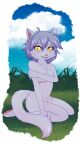  anthro blue_body breasts canid canine cloud covering covering_breasts covering_self female grass hair hi_res mammal navel pawpads paws plant purple_hair rukifox scar sitting sky solo yellow_eyes 