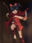  1girl arrow_(projectile) barefoot black_hair bow bow_(weapon) cape fang foot_out_of_frame hair_bow han&#039;you_no_yashahime haruyama_kazunori inuyasha japanese_clothes long_hair moroha open_mouth ponytail skin_fang smile solo sword weapon 