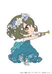  1girl ai_(aria) aqua_footwear aria blue_dress blue_flower brown_eyes chibi closed_mouth copyright copyright_name dated dress floral_print flower from_side full_body hair_between_eyes hair_flower hair_ornament high_heels highres holding holding_instrument instrument looking_at_viewer medium_hair official_alternate_costume official_art simple_background smile solo standing standing_on_one_leg strappy_heels trumpet white_background white_flower yellow_flower 