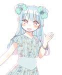  1girl blue_dress blue_hair blush bow bracelet cha_ipride double_bun dress floral_print green_bow hair_bow hair_bun hand_up highres hyodou_shizuku idoly_pride jewelry long_bangs long_hair looking_at_viewer open_hand open_mouth print_dress red_eyes short_sleeves simple_background smile solo upper_body white_background 