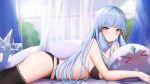  &gt;_&lt; 1girl akayuki471 artist_name black_bra black_panties black_thighhighs blue_eyes blue_hair blunt_bangs blurry blush bra breasts curtains depth_of_field genshin_impact hair_down hair_ribbon highres kamisato_ayaka light_blue_hair lingerie long_hair looking_at_viewer lying medium_breasts mole mole_under_eye on_stomach panties parted_lips ribbon sidelocks slime_(genshin_impact) smile solo thighhighs tress_ribbon underwear underwear_only watermark 