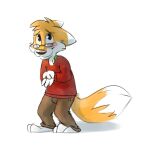  anthro barefoot black_nose blush bottomwear brown_bottomwear brown_clothing brown_pants canid canine clothing feet fox fur looking_up male mammal orange_body orange_fur pants red_clothing red_shirt red_topwear shadow shirt simple_background smile tinydeerguy topwear white_background white_body white_fur yapsfox 