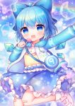  1girl ahoge bag bandaid bandaid_on_leg blue_bow blue_eyes blue_hair blue_skirt blush bow candy cirno coa_(chroo_x) commentary_request detached_wings fairy food frilled_skirt frills hair_between_eyes hair_bow holding holding_candy holding_food ice ice_wings jacket long_sleeves looking_at_viewer open_clothes open_jacket open_mouth pink_footwear shoes short_hair skirt smile socks solo touhou white_jacket white_socks wings 
