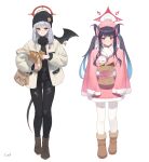  2girls artist_name bag beanie black_hair black_headwear black_horns black_pants black_shirt black_wings blue_archive blush boots braid brown_footwear cross-laced_footwear demon_horns fake_wings food full_body fur-trimmed_boots fur_trim fuuka_(blue_archive) grey_hair halo haruna_(blue_archive) hat highres holding holding_bag holding_food horns jacket long_hair long_sleeves mittens multiple_girls open_clothes open_jacket open_mouth pants pantyhose paper_bag pink_headwear pink_mittens pom_pom_(clothes) red_eyes red_halo scarf shirt side_braid signature simple_background single_wing smile sweet_potato taiyaki tomid twintails wagashi white_background white_jacket white_pantyhose white_scarf wings 