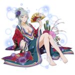  1girl bare_legs barefoot breasts cleavage dungeon_ni_deai_wo_motomeru_no_wa_machigatteiru_darou_ka floral_print flower folding_fan freya_(danmachi) full_body grey_eyes grey_hair hair_flower hair_ornament hand_fan holding holding_fan japanese_clothes jewelry necklace official_art third-party_source transparent_background 