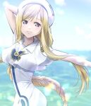  1girl alicia_florence aogirism aria aria_company_uniform arm_up beret blonde_hair blue_bow blue_bowtie blue_eyes blurry blurry_background bow bowtie braid braided_ponytail breasts commentary_request cowboy_shot day depth_of_field dress hat impossible_clothes impossible_dress long_hair looking_at_viewer medium_breasts ocean outdoors outstretched_arm parted_bangs parted_lips short_sleeves sidelocks solo very_long_hair white_dress white_headwear 