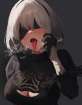  1girl 2b_(nier:automata) absurdres black_blindfold black_dress black_hairband blindfold blush breasts cleavage cleavage_cutout clothing_cutout commentary_request dio_nand dress grey_background grey_hair hairband hand_up heavy_breathing highres juliet_sleeves large_breasts long_sleeves nier:automata nier_(series) open_mouth parted_lips puffy_sleeves short_hair simple_background solo sweat tongue tongue_out upper_body 