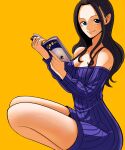  1girl absurdres bare_legs black_hair blue_eyes book coolb dress earrings highres holding holding_book jewelry long_hair looking_at_viewer nico_robin one_piece open_book solo squatting sweater sweater_dress yellow_background 