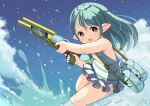  1girl :d aqua_hair arm_up bare_arms bare_shoulders blue_sky cloud day final_fantasy final_fantasy_xiv flat_chest foot_out_of_frame foot_up frilled_one-piece_swimsuit frills hair_between_eyes hand_up highres holding holding_water_gun lalafell long_hair one-piece_swimsuit open_mouth pointy_ears purple_eyes shelldy sky smile solo splashing straight_hair strap striped striped_one-piece_swimsuit swept_bangs swimsuit tongue two-tone_one-piece_swimsuit v-shaped_eyebrows water water_gun 