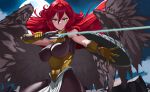  1girl arm_shield black_wings breasts cowboy_shot facial_mark feathered_wings gloves hair_between_eyes highres holding holding_sword holding_weapon indy_k large_breasts long_hair looking_at_viewer night red_hair solo sword tensei_shitara_slime_datta_ken weapon wings yellow_eyes yellow_gloves 