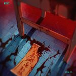  artist_name blood blood_on_ground blurry blurry_edges chair chromatic_aberration film_grain highres light_particles mili_(band) no_humans ooya_(july_26) talisman tile_floor tiles torn_talisman twitter_username 