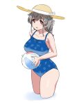 adapted_costume animal_print ball beachball black_hair blue_one-piece_swimsuit breasts casual_one-piece_swimsuit commentary_request cropped_legs fish_print hair_flaps hair_ornament hairclip hat jingei_(kancolle) kantai_collection large_breasts long_hair low_ponytail one-piece_swimsuit red_eyes simple_background star_(symbol) star_print sun_hat swimsuit tamu_(mad_works) whale_hair_ornament white_background yellow_headwear 