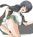  1girl arm_support ass black_eyes black_hair black_neckerchief blouse blush commentary crotch_seam elf_(stroll_in_the_woods) from_behind girls_und_panzer glasses green_skirt half-closed_eyes haori highres japanese_clothes kneeling leaning_forward long_sleeves looking_at_viewer looking_back medium_hair messy_hair miniskirt neckerchief ooarai_school_uniform oryou_(girls_und_panzer) panties pleated_skirt red-framed_eyewear sailor_collar saliva school_uniform semi-rimless_eyewear shirt short_ponytail short_sleeves simple_background skirt skirt_tug solo tears textless_version under-rim_eyewear underwear white_background white_panties white_sailor_collar white_shirt 