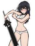  1girl black_hair bra chainsaw_man closed_mouth cross_scar eyelashes gurumo_(twitter) hair_between_eyes hands_up highres holding holding_sword holding_weapon long_hair looking_at_viewer panties scar scar_on_cheek scar_on_face simple_background solo sword underwear underwear_only weapon white_background white_bra white_panties yoru_(chainsaw_man) 