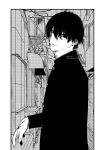  1boy absurdres alley bk_n_wh black_hair blood blood_on_face blood_on_hands chainsaw_man ear_piercing gakuran greyscale halftone_texture head_tilt highres looking_at_viewer monochrome piercing school_uniform short_hair smile solo twitter_username yoshida_hirofumi 