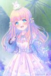  1girl :d blonde_hair blue_eyes blue_flower blue_jacket blush bow brown_dress collared_dress commission copyright_request cropped_jacket dress flower frilled_shirt_collar frills green_bow green_umbrella hair_bow holding holding_umbrella hydrangea ittokyu jacket long_hair long_sleeves looking_at_viewer off_shoulder on_head puffy_long_sleeves puffy_sleeves purple_flower see-through skeb_commission sleeves_past_wrists smile solo umbrella very_long_hair virtual_youtuber white_bow 