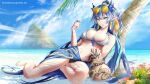  1girl arknights artist_name bare_legs barefoot bikini black_bikini blue_bikini blue_eyes blue_hair blue_nails blue_ribbon blue_sky blush braid breasts cleavage commission cup day dragon_horns earrings eyewear_on_head fingernails flower_knot front-tie_bikini_top front-tie_top gourd holding holding_cup horns jewelry large_breasts leaning_back ling_(arknights) long_fingernails long_hair looking_at_viewer mismatched_bikini multicolored_hair nail_polish navel outdoors parted_lips pointy_ears ribbon round_eyewear sarong see-through sitting sky smile solo streaked_hair sunglasses swimsuit tail tassel tassel_earrings tinted_eyewear twitter_username two-tone_bikini two-tone_hair very_long_hair white_bikini white_hair yellow-tinted_eyewear yokaze_(yokajie) 