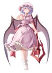  1girl absurdres bat_wings breasts closed_mouth commentary full_body hat hat_ribbon highres looking_at_viewer maboroshi_mochi medium_breasts mob_cap no_shoes pink_headwear pink_shirt pink_skirt purple_hair red_eyes red_ribbon remilia_scarlet ribbon shirt short_hair short_sleeves simple_background skirt smile solo spear_the_gungnir standing touhou white_background wings 