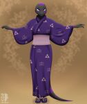  4_toes abstract_background anthro arms_out asian_clothing black_body claws clothed clothing east_asian_clothing feet female footwear fully_clothed hi_res japanese_clothing looking_at_viewer purple_clothing purple_eyes reptile scalie smile snake solo sovulsen standing toe_claws toes yukata 