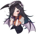  1girl @_@ agaki_anko animal_ears black_bow black_bowtie black_gloves black_hairband black_skirt blush bow bowtie brooch center_frills closed_mouth collared_shirt commentary demon_wings embarrassed flying_sweatdrops frilled_hairband frills gloves hair_over_one_eye hairband half-closed_eyes halloween hands_on_own_face high-waist_skirt horse_ears horse_girl jewelry light_frown lolita_hairband long_hair looking_at_viewer low_wings official_alternate_costume open_mouth puffy_short_sleeves puffy_sleeves purple_eyes rice_shower_(make_up_vampire!)_(umamusume) rice_shower_(umamusume) shirt short_sleeves simple_background skirt smile solo tearing_up umamusume upper_body white_background white_shirt wings 
