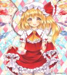  1girl argyle argyle_background artist_name ascot blonde_hair bow breasts collared_shirt cowboy_shot crystal flandre_scarlet frilled_ascot frilled_bow frilled_shirt_collar frilled_skirt frilled_sleeves frills hat hat_bow long_hair looking_at_viewer marker_(medium) mob_cap mugicha_(mugicha0929) multicolored_background multicolored_wings open_mouth orange_eyes puffy_short_sleeves puffy_sleeves red_bow red_skirt red_vest shirt short_sleeves skirt skirt_hold skirt_set small_breasts smile solo touhou traditional_media vest white_headwear white_shirt wings yellow_ascot 