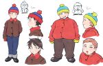  2boys beanie blue_eyes blue_headwear blue_pants brown_eyes brown_footwear brown_hair brown_jacket character_name closed_mouth commentary_request eric_cartman fat full_body gloves hat highres jacket light_blush light_brown_hair looking_at_viewer male_focus multiple_boys multiple_views nano8 obese pants red_headwear red_jacket short_hair simple_background sketch south_park stan_marsh two-tone_headwear white_background yellow_gloves yellow_headwear 