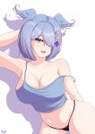  1girl :d absurdres aqua_eyes arm_behind_back arm_behind_head armpits artist_name bare_arms bare_shoulders black_panties blue_camisole blue_hair blue_wings bob_cut breasts camisole cleavage collarbone cowboy_shot diamond-shaped_pupils diamond_(shape) drop_shadow elira_pendora hair_ornament hair_over_one_eye hairclip head_wings highleg highres large_breasts latex latex_panties leaning leaning_to_the_side lingerie long_bangs looking_at_viewer micro_panties navel nijisanji nijisanji_en one_eye_covered open_mouth panties parted_bangs short_hair signature simple_background skindentation sleeveless slit_pupils smile solo spaghetti_strap stomach straight_hair strap_slip swept_bangs symbol-shaped_pupils thick_thighs thighs thong underwear vlack white_background wide_hips wings x_hair_ornament 