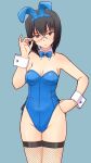  1girl alternate_costume black_eyes black_hair blue_leotard bow_choker breasts brown_eyes girls_und_panzer kawashima_momo leotard looking_at_viewer monocle playboy_bunny semi-rimless_eyewear short_hair solo uona_telepin 