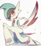  1boy akadako arm_blade bags_under_eyes blue_cape blue_hair cape closed_mouth colored_skin commentary gallade green_hair grey_background grey_outline hair_over_one_eye looking_at_viewer male_focus mega_gallade mega_pokemon mohawk multicolored_hair on_one_knee one-hour_drawing_challenge one_eye_covered pokemon pokemon_(creature) red_eyes short_hair simple_background slit_pupils solo two-sided_cape two-sided_fabric two-tone_hair weapon white_skin 