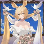  1girl animal_ears arknights bare_shoulders bird blonde_hair bouquet breasts cleavage collarbone commentary_request dorothy_(arknights) dr.lamina dress hair_intakes highres large_breasts long_sleeves looking_at_viewer off-shoulder_dress off_shoulder picture_frame short_hair smile solo upper_body white_dress yellow_eyes 