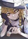  1girl 33_gaff absurdres black_dress black_gloves black_headwear blonde_hair bored bow braid cup dress drinking_glass gloves hair_bow highres kirisame_marisa looking_down shirt shot_glass single_braid single_glove sketch solo touhou white_background white_bow white_shirt yellow_eyes 