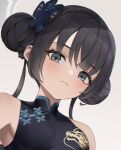  1girl bare_shoulders black_dress black_hair blue_archive blush breasts butterfly_hair_ornament china_dress chinese_clothes closed_mouth double_bun dragon_print dress floral_print frown grey_eyes hair_bun hair_ornament halo highres kisaki_(blue_archive) long_hair looking_at_viewer portrait print_dress sidelocks simple_background sleeveless sleeveless_dress small_breasts sunkilow white_background 