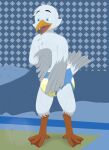  absurd_res anthro avian beak bed bedroom bird blue_eyes bodily_fluids cheek_tuft chest_tuft clothed clothing diaper facial_tuft feathers fennecat_(artist) furniture genital_fluids gull hi_res lari larid male solo squish tail_feathers tuft urine watermark wearing_diaper wet_diaper wetting winged_arms wings 